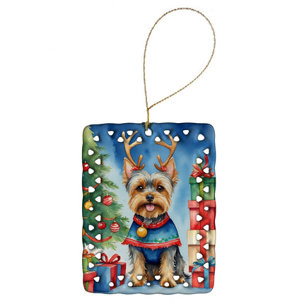 Yorkshire Terrier Yorkie Christmas Reindeer Porcelain Ornament-0