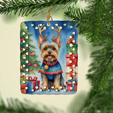 Yorkshire Terrier Yorkie Christmas Reindeer Porcelain Ornament-1