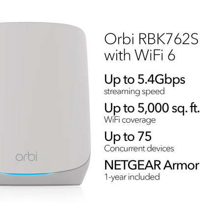 NETGEAR Orbi Whole Home Tri-Band Mesh WiFi 6 System (RBK762S) – Router with 1 Satellite Extender - Coverage up to 5,000 sq. ft, 75 Devices – Free Armor Security - AX5400 802.11ax (up to 5.4Gbps)