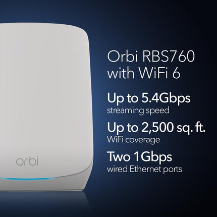 NETGEAR Orbi Whole Home Tri-Band Mesh WiFi 6 Add-on Satellite (RBS760) – Works with Your Orbi WiFi 6 System - Adds Coverage up to 2,500 sq. ft. - AX5400 up to 5.4Gbps