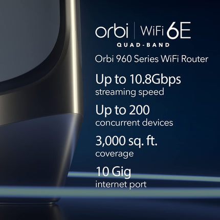 NETGEAR Orbi Quad-Band WiFi 6E Router (RBRE960), 10Gbps Speed, Coverage up to 3,000 sq. ft, 200 Devices, 10 Gig Internet Port, Expandable to Create A Mesh System, AXE11000 802.11 Axe