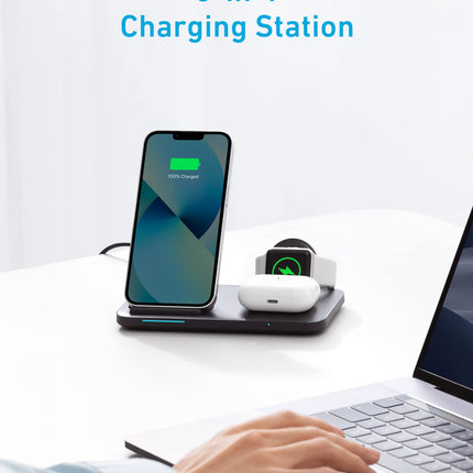 Anker Foldable 3-in-1 Wireless Charging Station with Adapter, 335 Wireless Charger, for iPhone 14/14 Pro/14 Pro Max/14 Plus, AirPods Pro, Apple Watch Series 7 / SE (Watch Charging Cable Not Included)