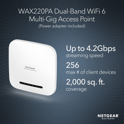 NETGEAR Wireless Access Point (WAX220PA) - WiFi 6 Dual-Band AX4200 Speed | 1 x 1G Ethernet PoE+ Port | Up to 256 Devices | 802.11ax | WPA3 Security | MU-MIMO | with Power Adapter