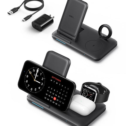 Anker Foldable 3-in-1 Wireless Charging Station with Adapter, 335 Wireless Charger, for iPhone 14/14 Pro/14 Pro Max/14 Plus, AirPods Pro, Apple Watch Series 7 / SE (Watch Charging Cable Not Included)