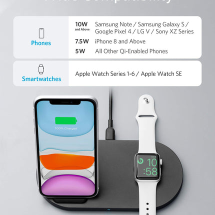 Anker Wireless Charging Station, PowerWave Sense 2-in-1 Stand with Watch Charging Holder for Apple Watch SE/6/5/4/3/2/1, iPhone SE 2020, 11, 11 Pro (Watch Charging Cable & AC Adapter Not Included)